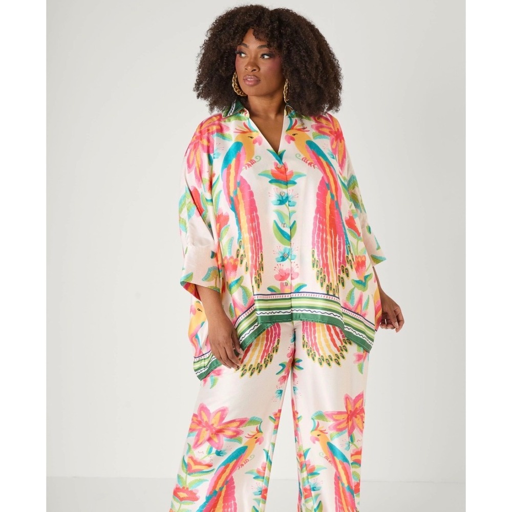 Ashley Stewart Tropical Bird Floral Button Down Shirt Plus Size 18/20 Multicolor